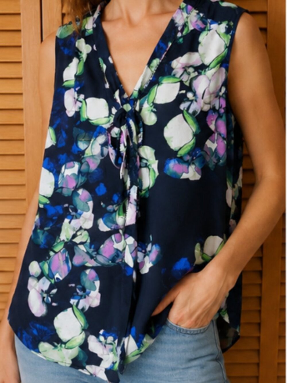 Banana Republic Navy Floral Tie-Front Sleeveless Blouse
